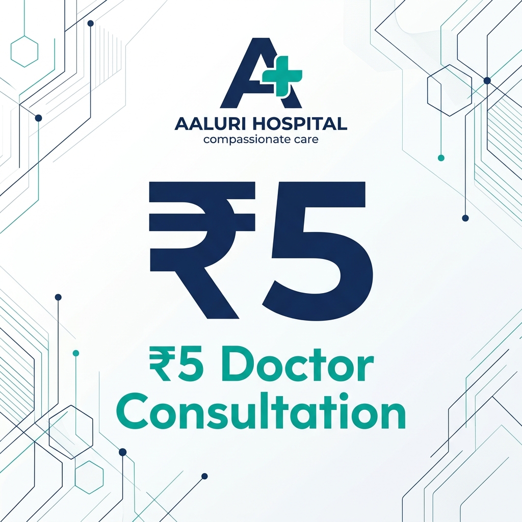 Aaluri Hospital Special Offer: Doctor Consultation for just ₹5. Trusted care, affordable price.